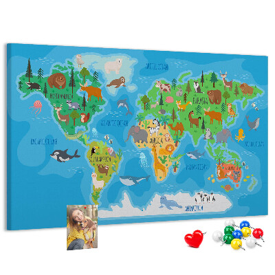 Korková tabuľa Mapa sveta s ilustráciami zvierat.