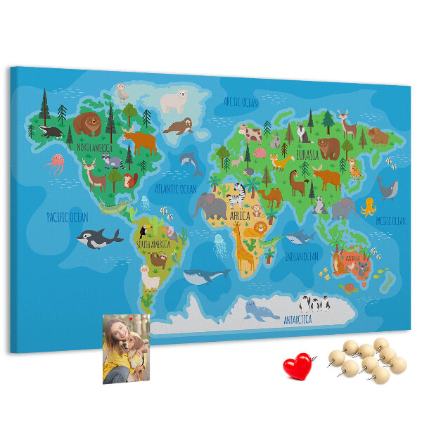 Korková tabuľa Mapa sveta s ilustráciami zvierat.