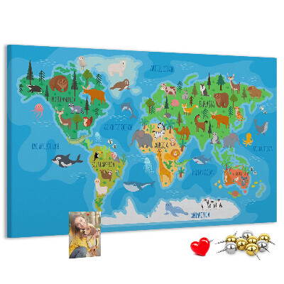 Korková tabuľa Mapa sveta s ilustráciami zvierat.