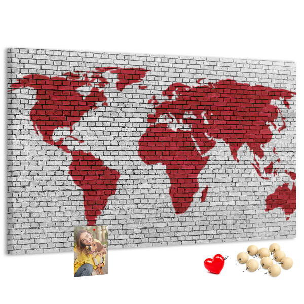 Korková nástenka na stenu Červený obrys sveta na tehlovej stene