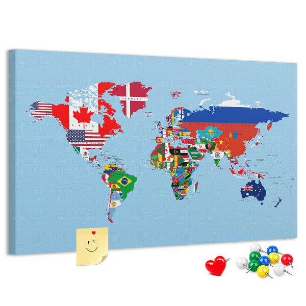Korková nástenka na stenu Mapa sveta s vlajkami krajín