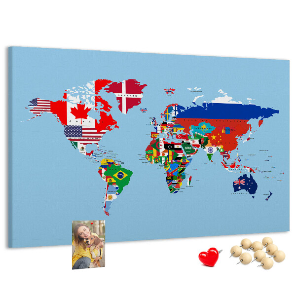 Korková nástenka na stenu Mapa sveta s vlajkami krajín