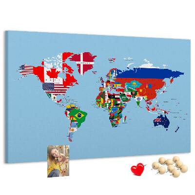 Korková nástenka na stenu Mapa sveta s vlajkami krajín