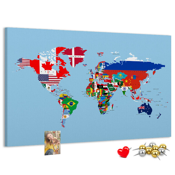 Korková nástenka na stenu Mapa sveta s vlajkami krajín