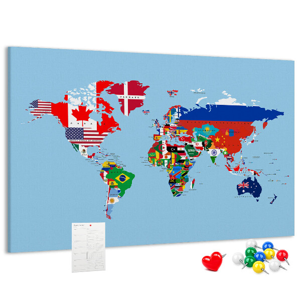 Korková nástenka na stenu Mapa sveta s vlajkami krajín