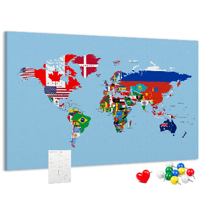Korková nástenka na stenu Mapa sveta s vlajkami krajín