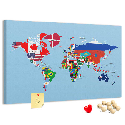 Korková nástenka na stenu Mapa sveta s vlajkami krajín