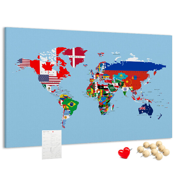 Korková nástenka na stenu Mapa sveta s vlajkami krajín