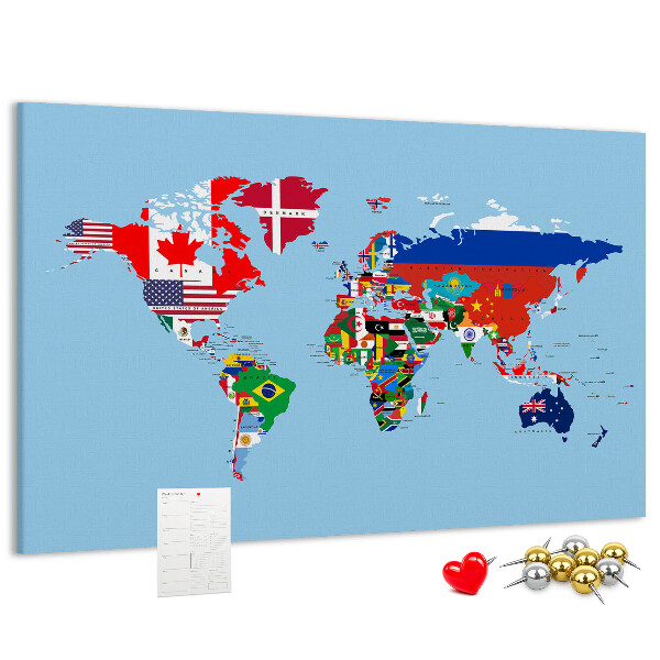 Korková nástenka na stenu Mapa sveta s vlajkami krajín