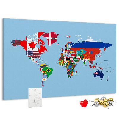 Korková nástenka na stenu Mapa sveta s vlajkami krajín