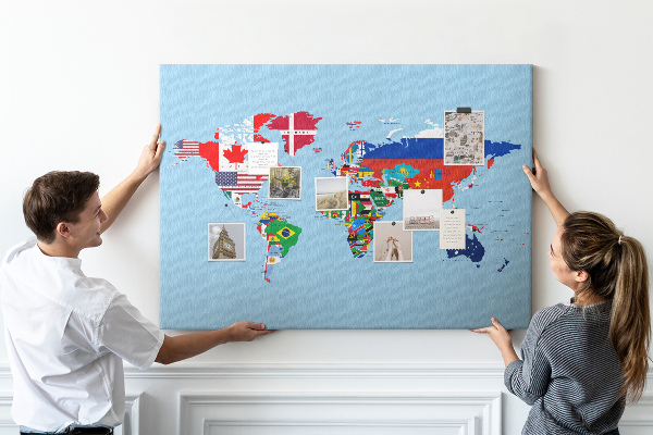 Korková nástenka na stenu Mapa sveta s vlajkami krajín