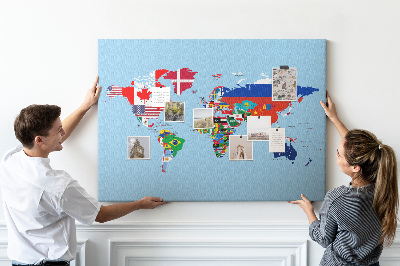 Korková nástenka na stenu Mapa sveta s vlajkami krajín