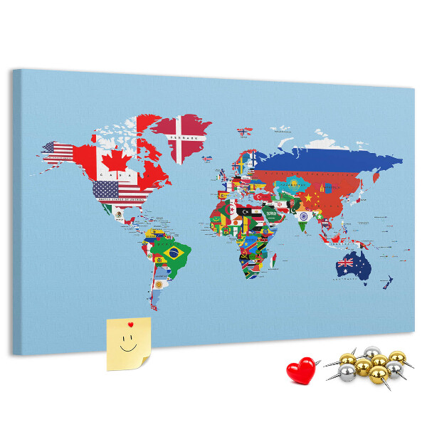 Korková nástenka na stenu Mapa sveta s vlajkami krajín