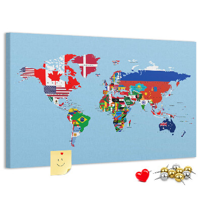 Korková nástenka na stenu Mapa sveta s vlajkami krajín