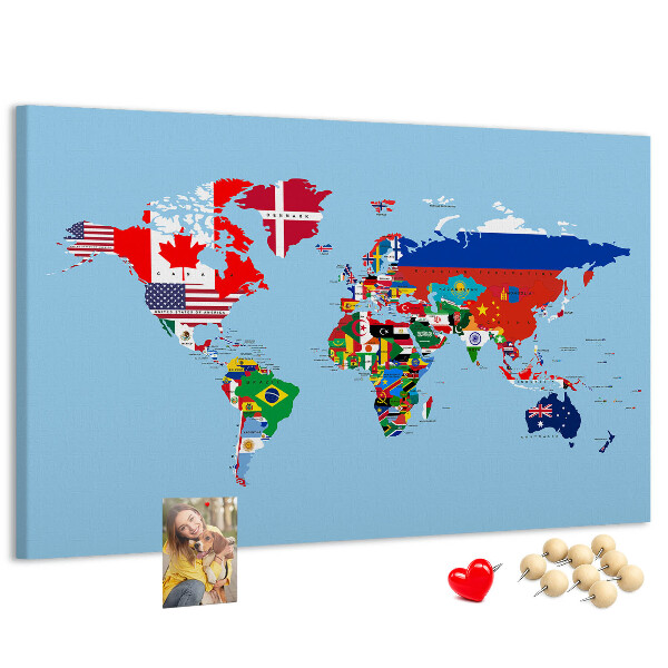 Korková nástenka na stenu Mapa sveta s vlajkami krajín