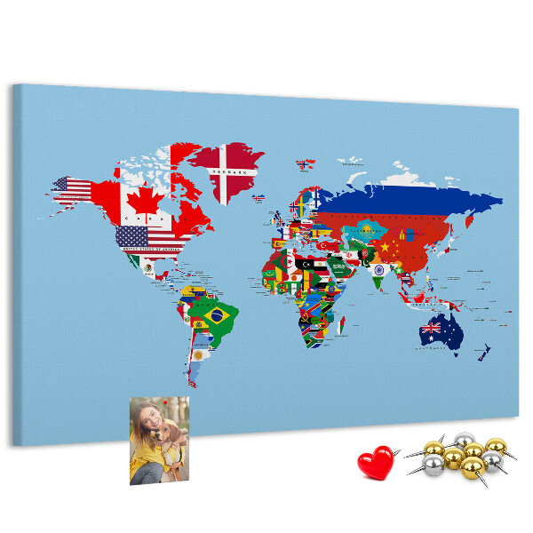 Korková nástenka na stenu Mapa sveta s vlajkami krajín