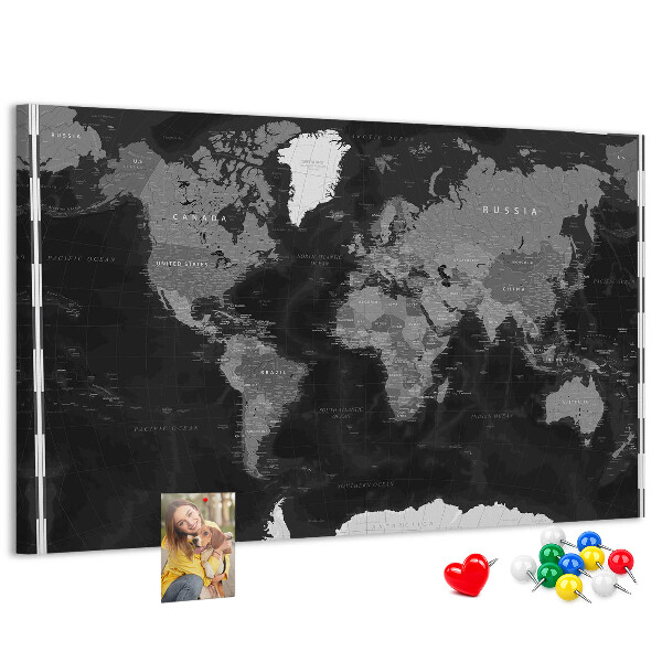 Korková tabuľa Čierna mapa sveta s obrysmi krajín