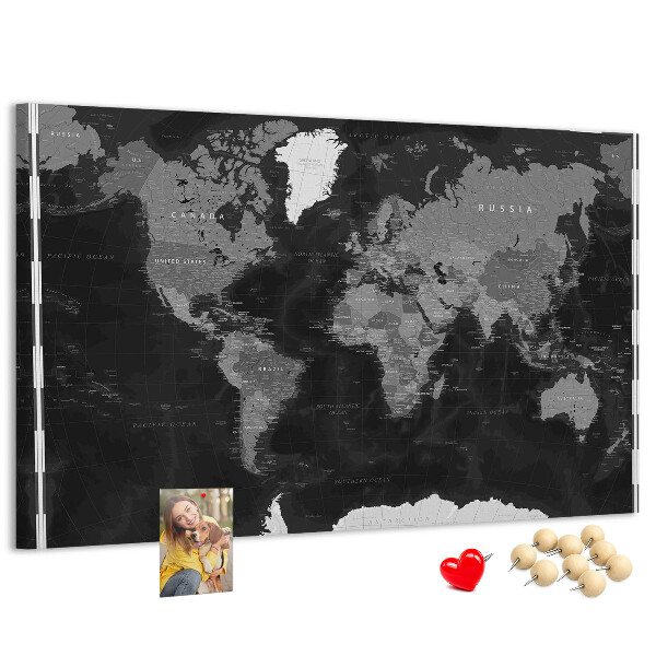 Korková tabuľa Čierna mapa sveta s obrysmi krajín