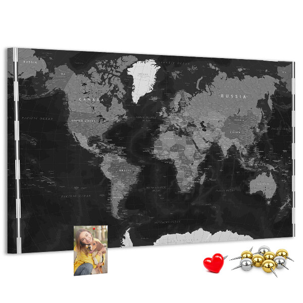 Korková tabuľa Čierna mapa sveta s obrysmi krajín