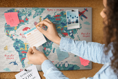 Nástenka Farebná mapa sveta s ikonami zvierat