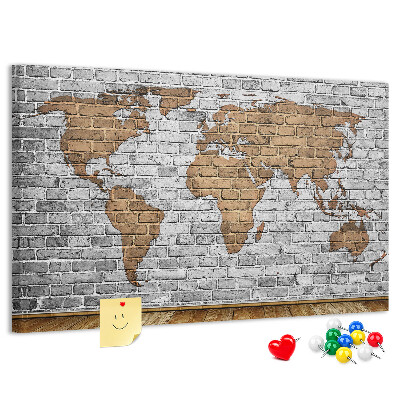 Korková nástenka na stenu Mapa sveta na tehlovej stene