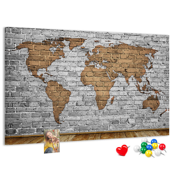 Korková nástenka na stenu Mapa sveta na tehlovej stene