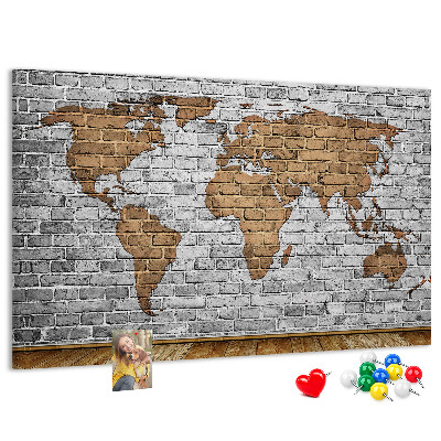 Korková nástenka na stenu Mapa sveta na tehlovej stene