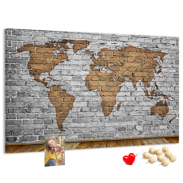Korková nástenka na stenu Mapa sveta na tehlovej stene
