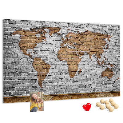 Korková nástenka na stenu Mapa sveta na tehlovej stene