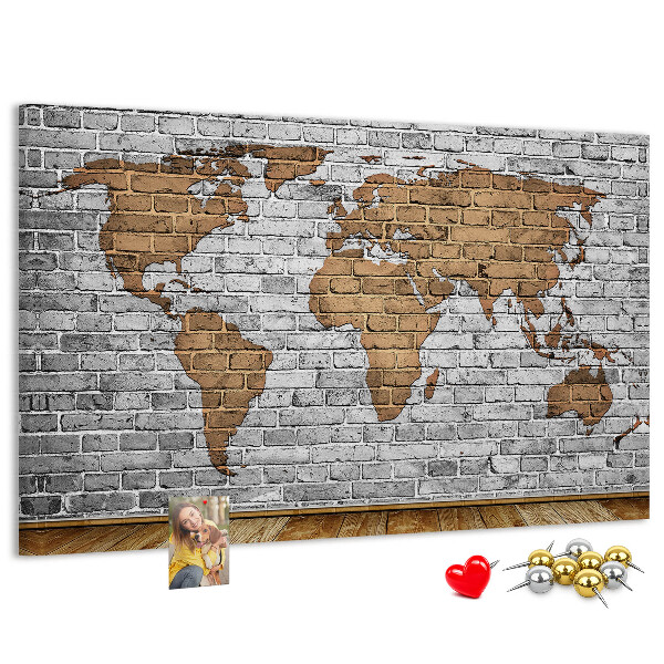 Korková nástenka na stenu Mapa sveta na tehlovej stene