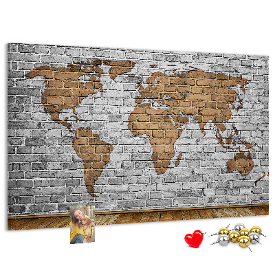 Korková nástenka na stenu Mapa sveta na tehlovej stene