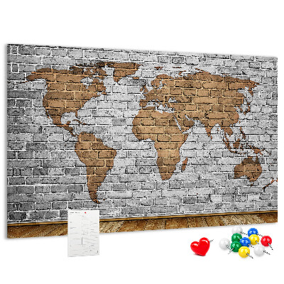 Korková nástenka na stenu Mapa sveta na tehlovej stene