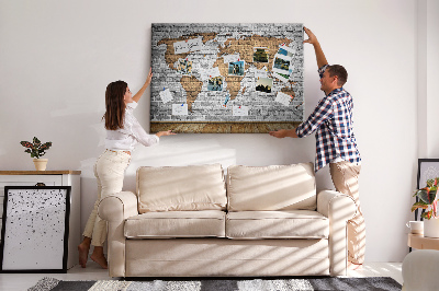 Korková nástenka na stenu Mapa sveta na tehlovej stene