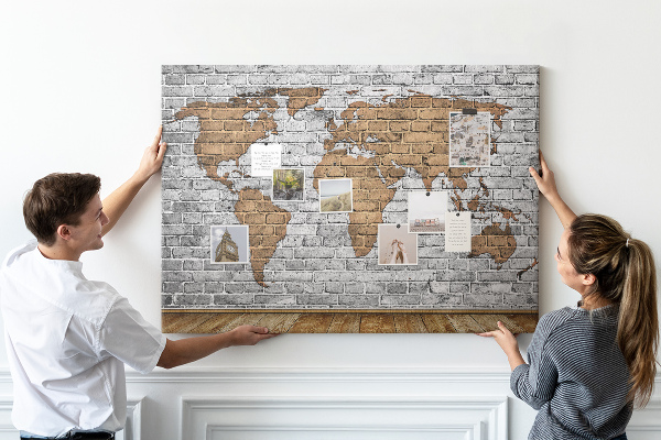 Korková nástenka na stenu Mapa sveta na tehlovej stene