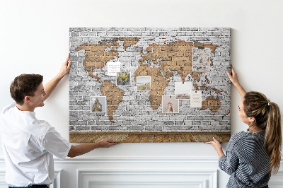 Korková nástenka na stenu Mapa sveta na tehlovej stene
