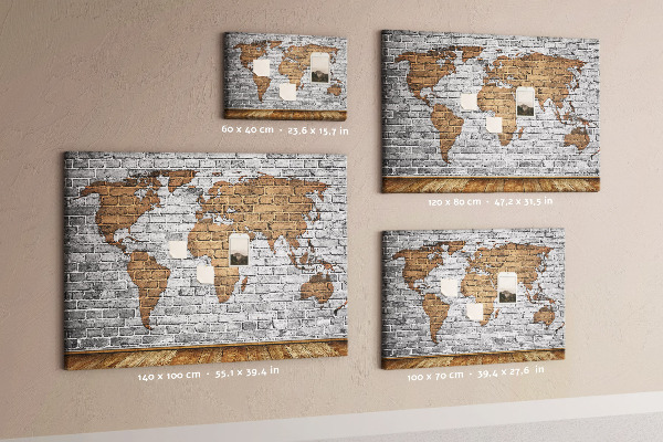 Korková nástenka na stenu Mapa sveta na tehlovej stene
