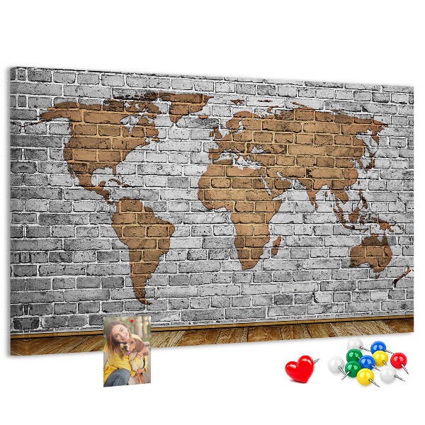 Korková nástenka na stenu Mapa sveta na tehlovej stene