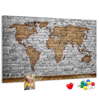 Korková nástenka na stenu Mapa sveta na tehlovej stene