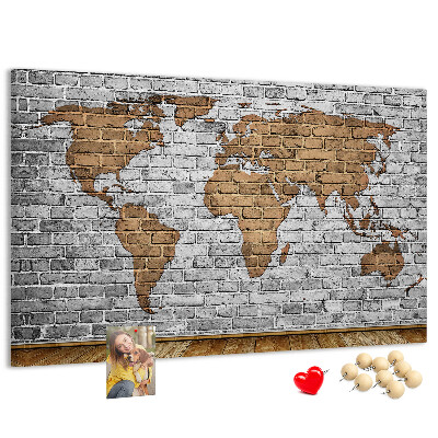 Korková nástenka na stenu Mapa sveta na tehlovej stene