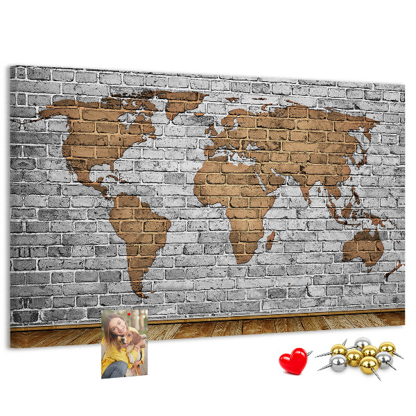 Korková nástenka na stenu Mapa sveta na tehlovej stene