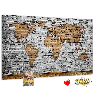 Korková nástenka na stenu Mapa sveta na tehlovej stene