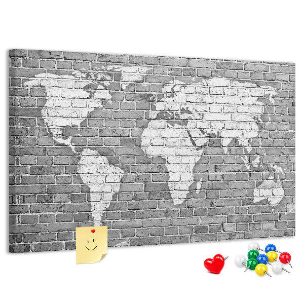 Korková tabuľa Mapa sveta na tehlovej stene
