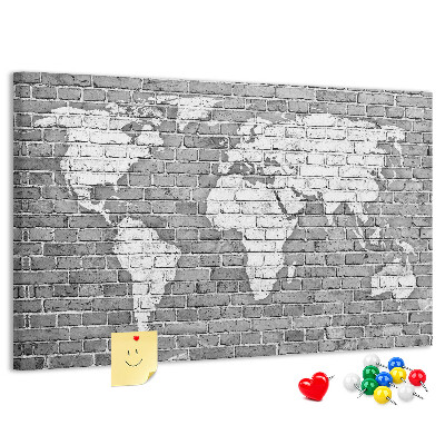 Korková tabuľa Mapa sveta na tehlovej stene