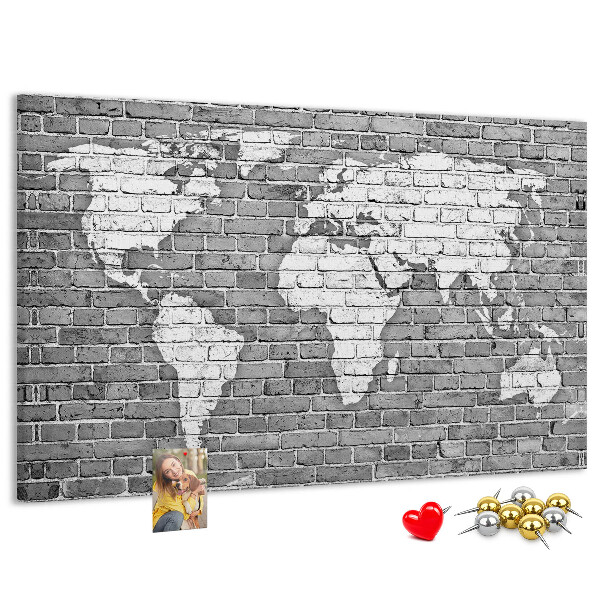 Korková tabuľa Mapa sveta na tehlovej stene