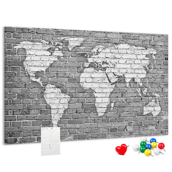 Korková tabuľa Mapa sveta na tehlovej stene
