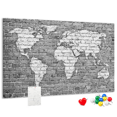 Korková tabuľa Mapa sveta na tehlovej stene