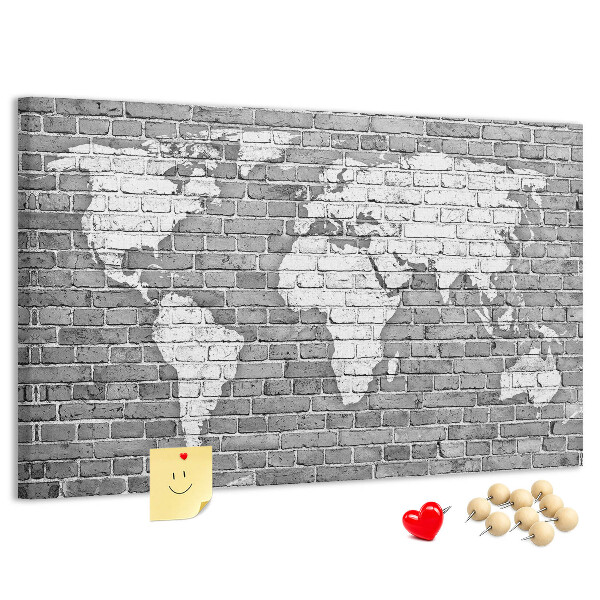 Korková tabuľa Mapa sveta na tehlovej stene