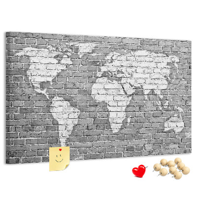 Korková tabuľa Mapa sveta na tehlovej stene
