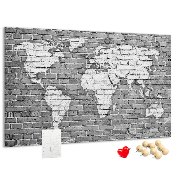 Korková tabuľa Mapa sveta na tehlovej stene