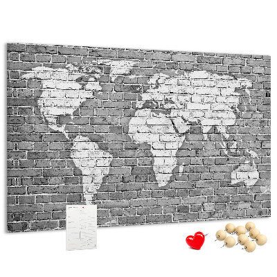 Korková tabuľa Mapa sveta na tehlovej stene
